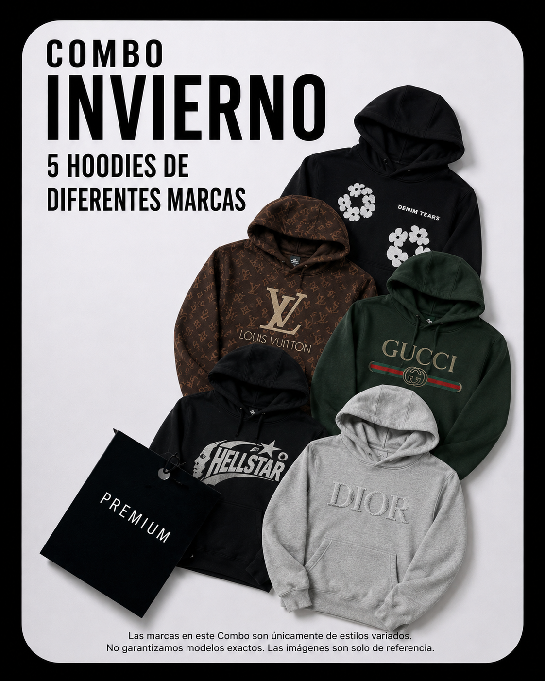 Combo invierno 5 hoodies (una talla diferente por hoodie, xs, x, m, l, xl)