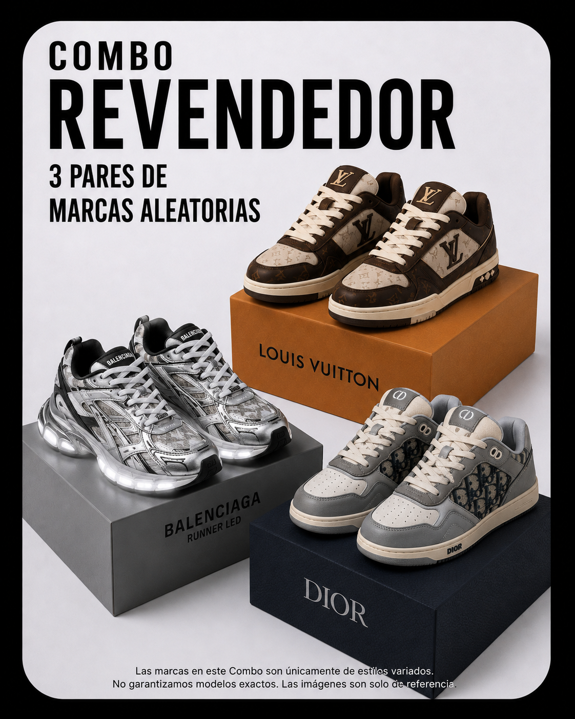 Combo revendedor, 3 pares de distintas marcas (la talla que se escoja se aplicará en los 3 pares)